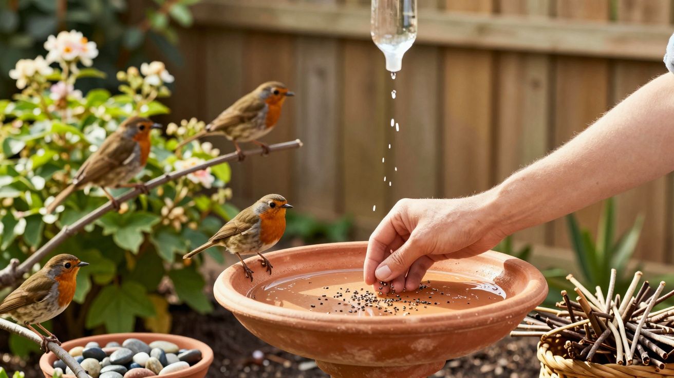 Mão alimentando pintassilgos com sementes numa taça de água no jardim com flores e galhos.
