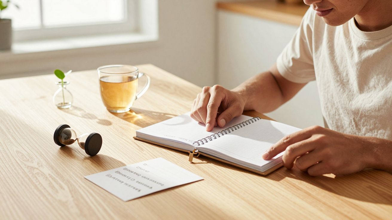 Pessoa escreve num caderno espiral em mesa de madeira, com chá e ampulheta ao lado, em ambiente iluminado.