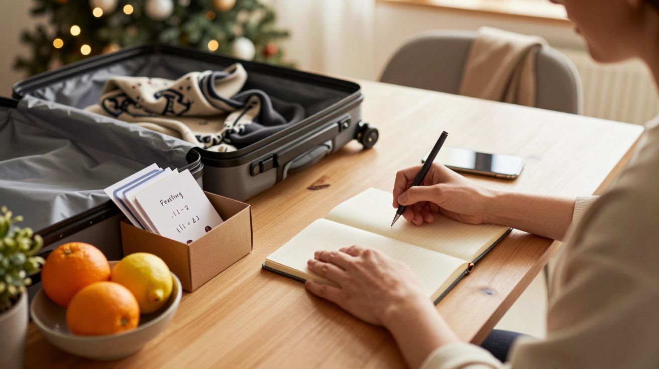 Pessoa escreve num caderno ao lado de uma mala aberta e frutas, com árvore de Natal ao fundo.