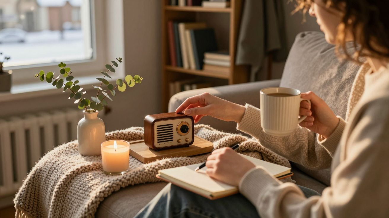 Mulher num sofá ajusta rádio vintage, segurando uma caneca. Ao lado, caderno, vela acesa e planta decorativa.