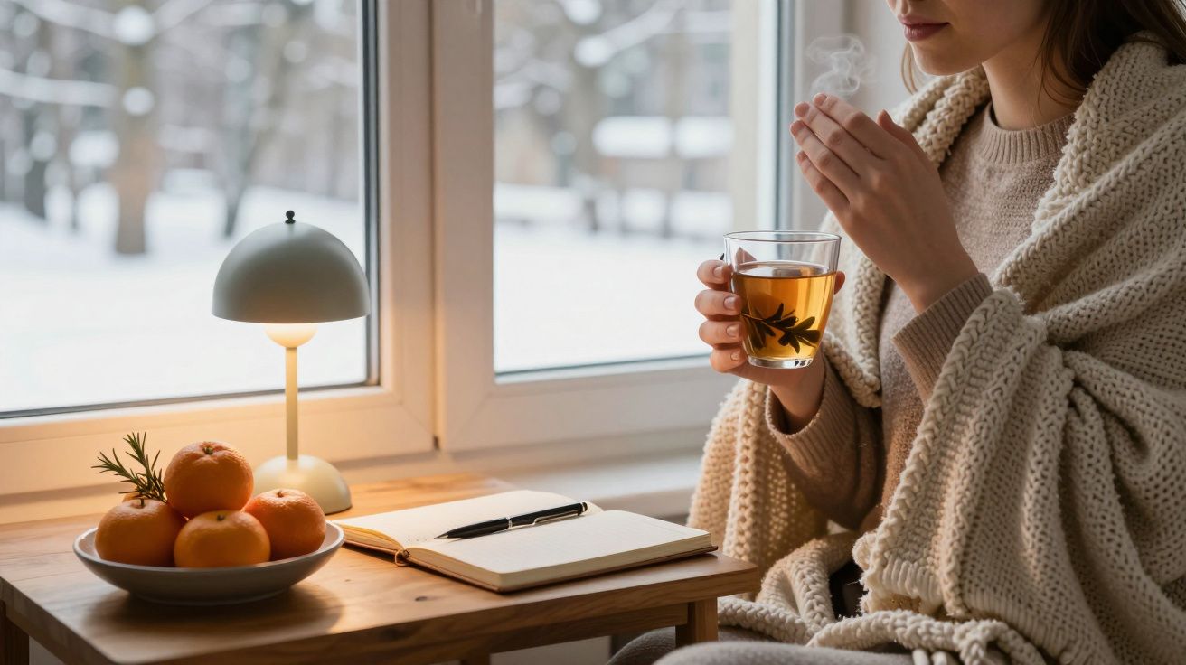 Mulher sentada junto à janela com cobertor, segura chá quente. Mesa com caderno, caneta e laranjas. Neve lá fora.