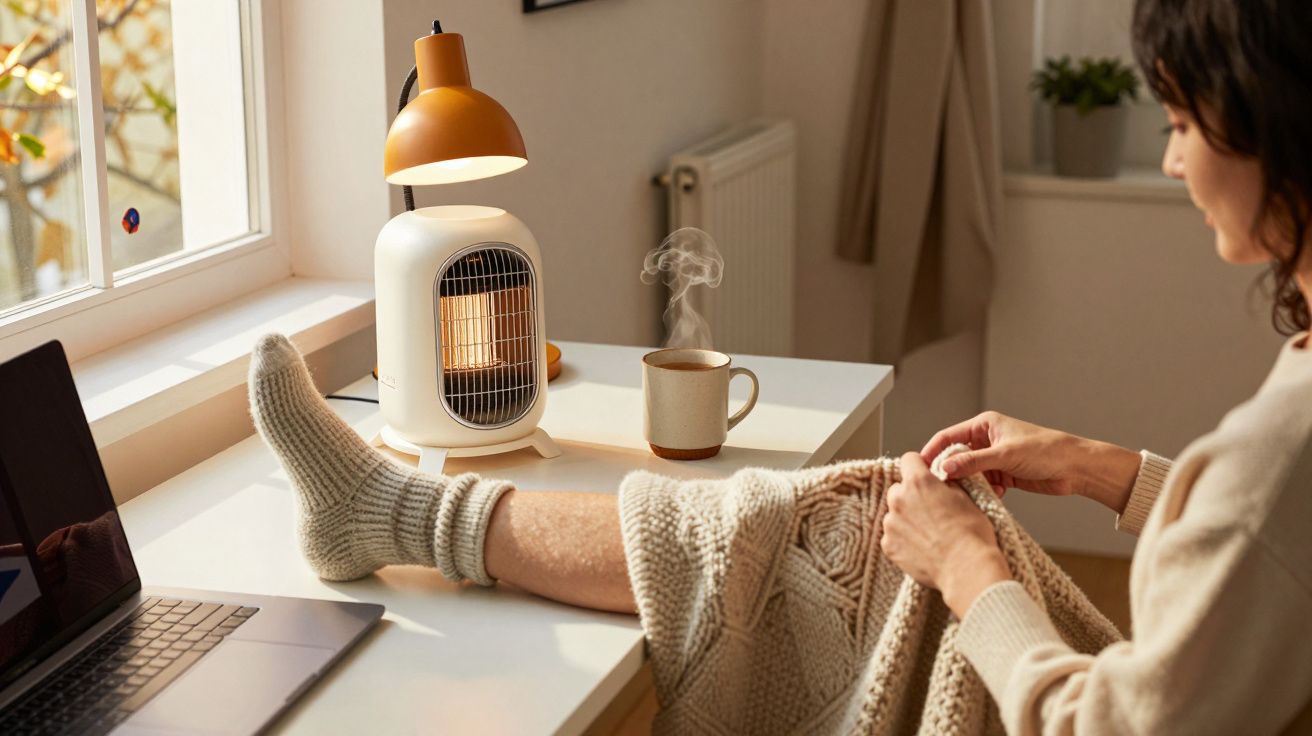 Mulher relaxa junto à janela com aquecedor, cobertor, chá e computador portátil numa mesa iluminada pelo sol.