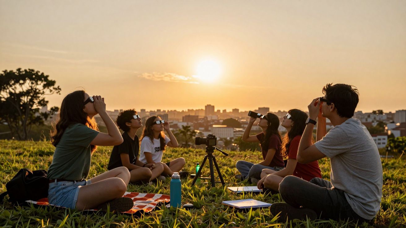 Grupo de jovens observa o pôr do sol num campo, usando binóculos e óculos escuros.