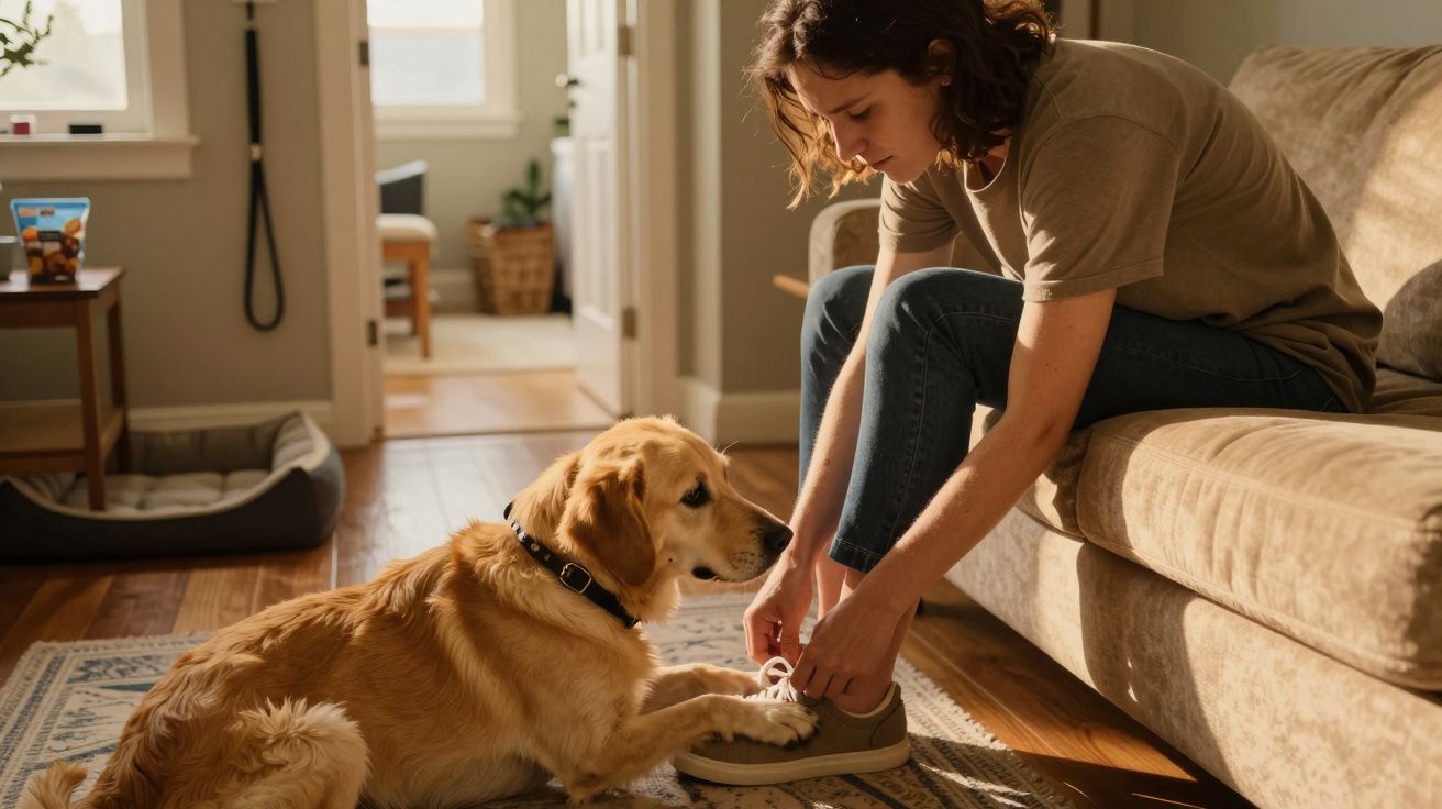 Mulher a atar os sapatos enquanto um cão dourado observa, num sala iluminada pelo sol.