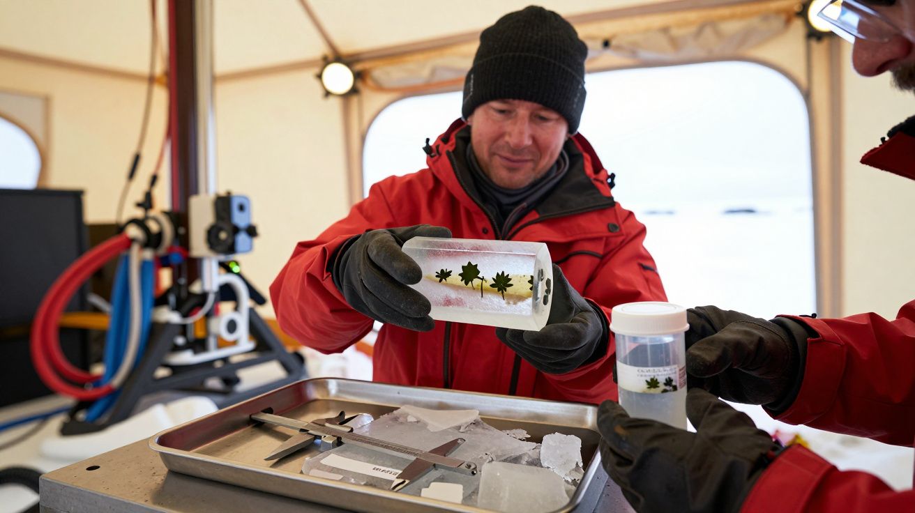 Cientista em vestuário de frio segura amostra de gelo numa barraca equipada, rodeado de ferramentas e equipamentos.