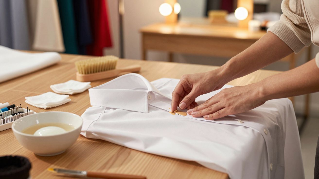 Pessoa a passar um ferro em camisa branca em cima de uma mesa de madeira, com escova e alfinetes ao lado.