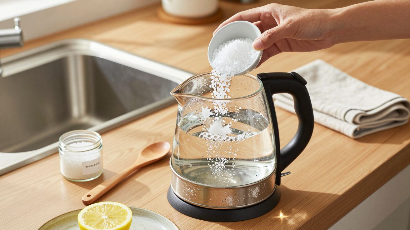 Pessoa a adicionar sal a uma chaleira elétrica com água sobre uma bancada de cozinha.