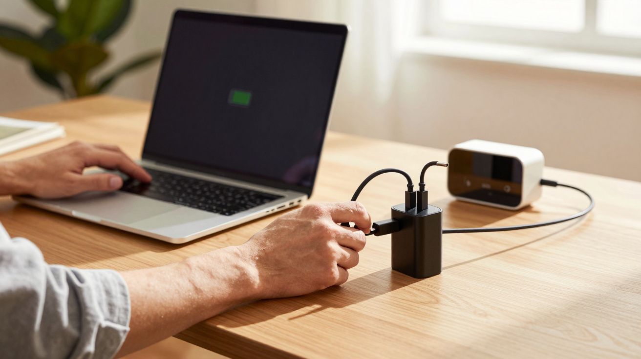 Pessoa a trabalhar num portátil a carregar, ligada a um carregador múltiplo numa mesa de madeira clara.