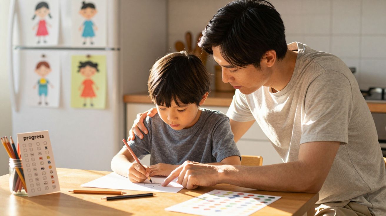 Pai ajuda filho a desenhar numa mesa de madeira, num ambiente doméstico iluminado pelo sol.