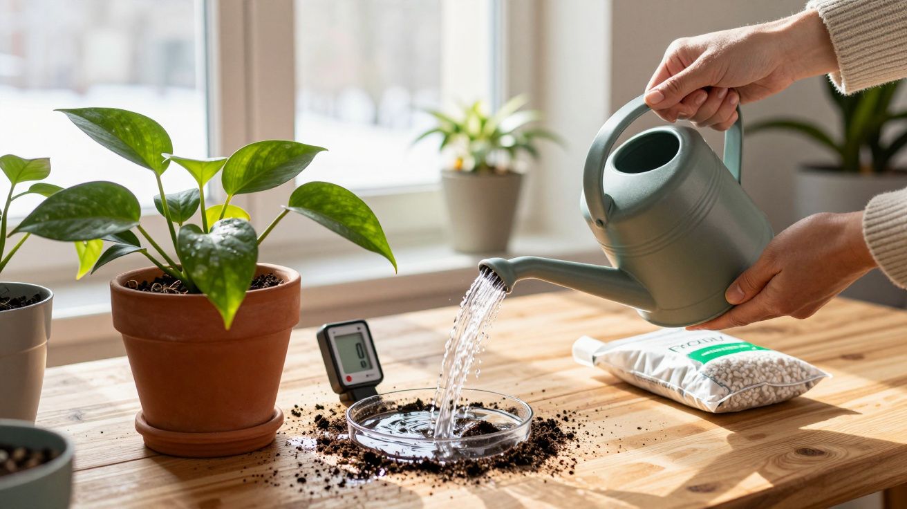 Pessoa a regar planta em vaso com regador verde, pacotes de fertilizante e medidor de humidade sobre a mesa.