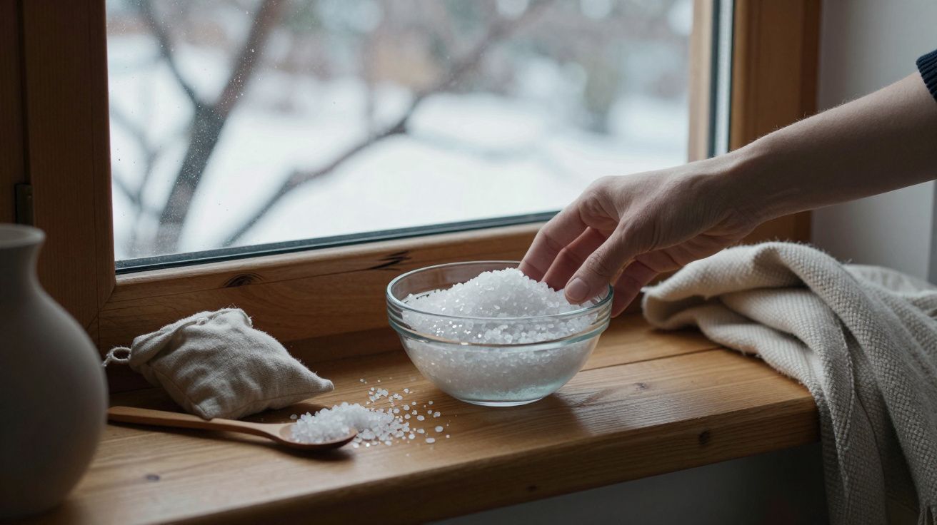 Mão toca sal grosso em taça de vidro num peitoril, ao lado de um saco de pano e uma colher de madeira.